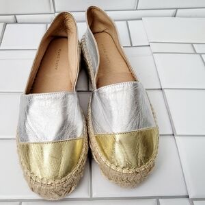Nwot Pure Navy Made In Spain Ladies Gold Silver Leather Espadrille Flats Slide O